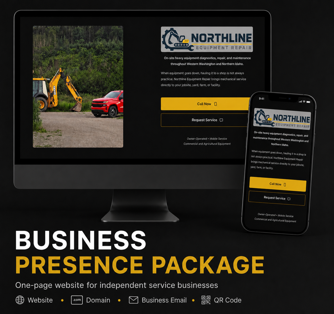 Desktop and mobile mockup of a one-page website for an independent service business, included with the Business Presence Package featuring a custom domain, business email, hosting, and QR code.