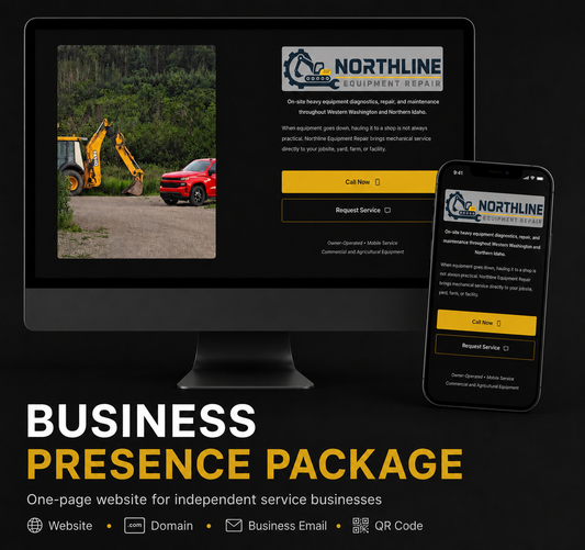 Desktop and mobile mockup of a one-page website for an independent service business, included with the Business Presence Package featuring a custom domain, business email, hosting, and QR code.
