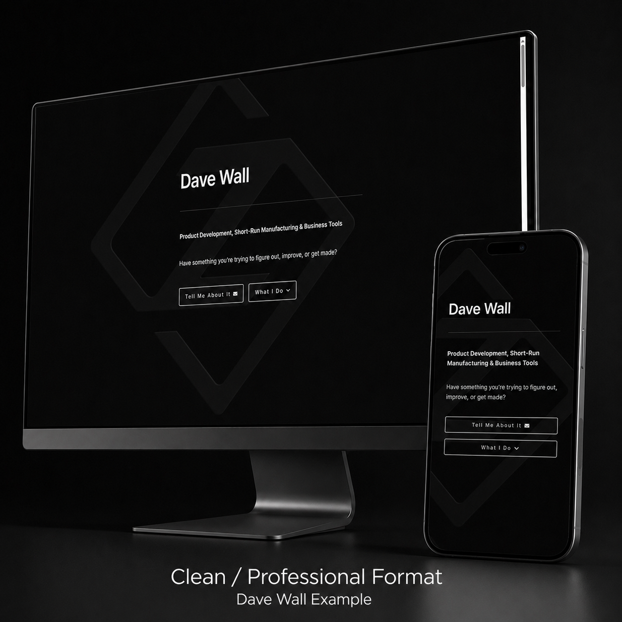 Desktop and mobile mockup of the Dave Wall website showing a clean professional one-page format.