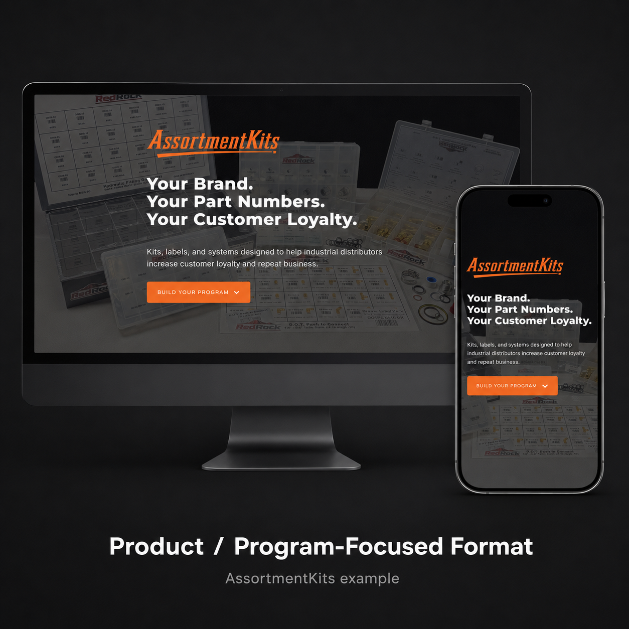 Desktop and mobile mockup of the AssortmentKits website showing a product and program focused one-page format.